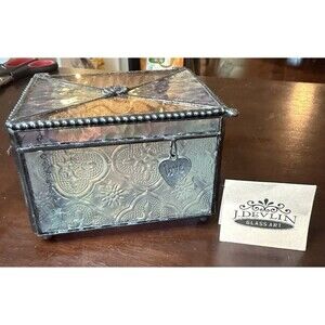 J Devlin Vintage Stained Glass Jewelry Box #408 Trinket Box LOVE Charm with Tag